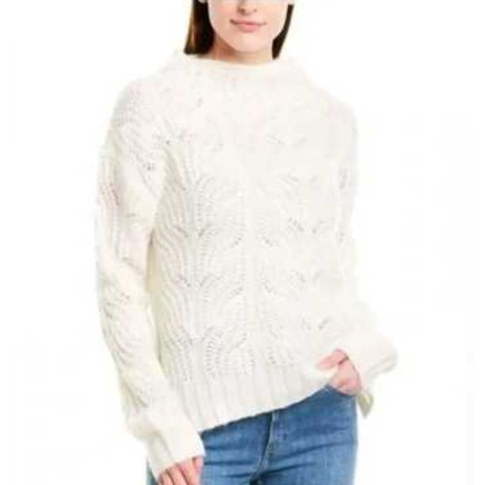 J CREW Pointelle Cable Knit Alpaca Blend Sweater Boxy Mock Neck Ivory Fuzzy XXS
